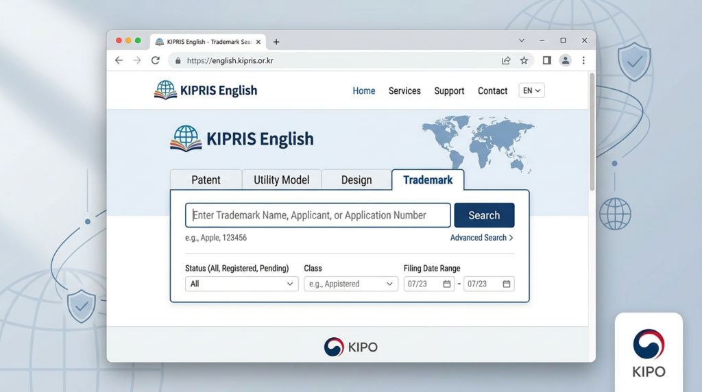 KIPRIS English interface – the official Korean trademark database. Jessica Ingrid Law 